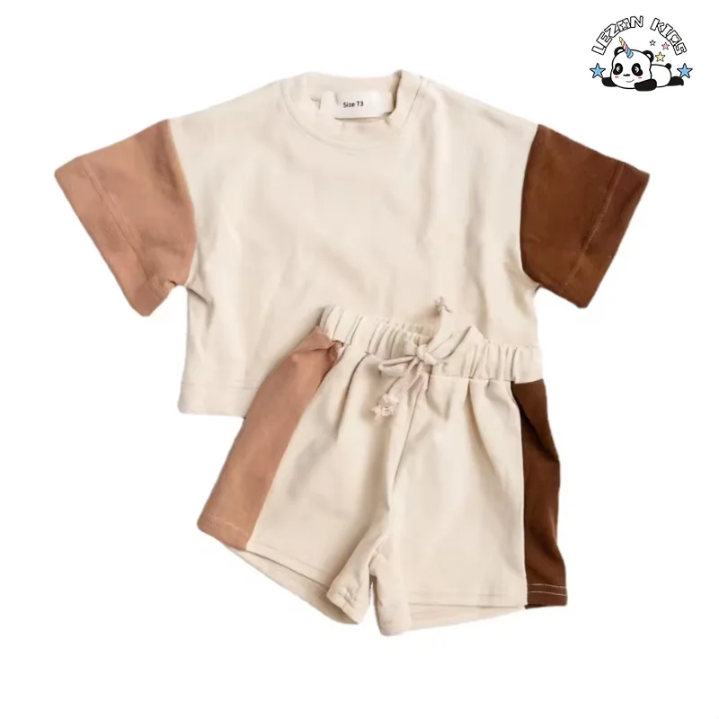 LEZONKIDS - Conjunto de 2 Peças para Meninas Novo Estilo Camiseta Manga Curta e Shorts Bloco de Cores Conjunto de Esporte Infantil